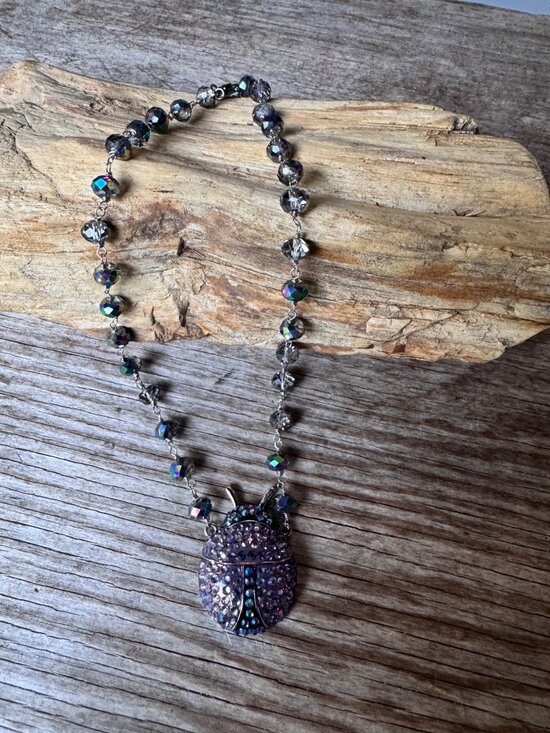 Kirks Folly Jewelry - Kirks Folly purple ladybug locket necklace AB crystal beaded chain with Box
